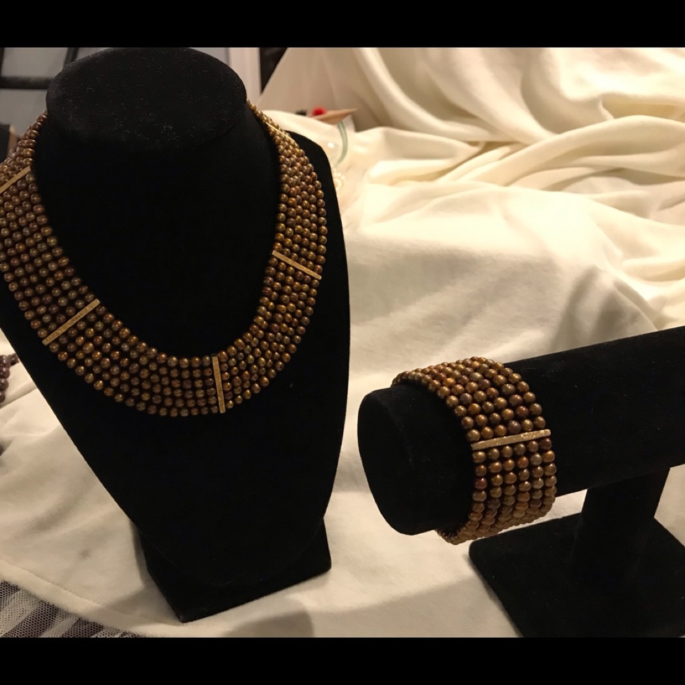 Bronze Iridescent Pearl Collar and Bracelet